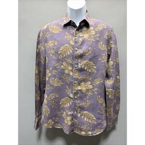 Celio 100% Linen Shirt Men Size M Floral Button Up Long Sleeve Purple Beach